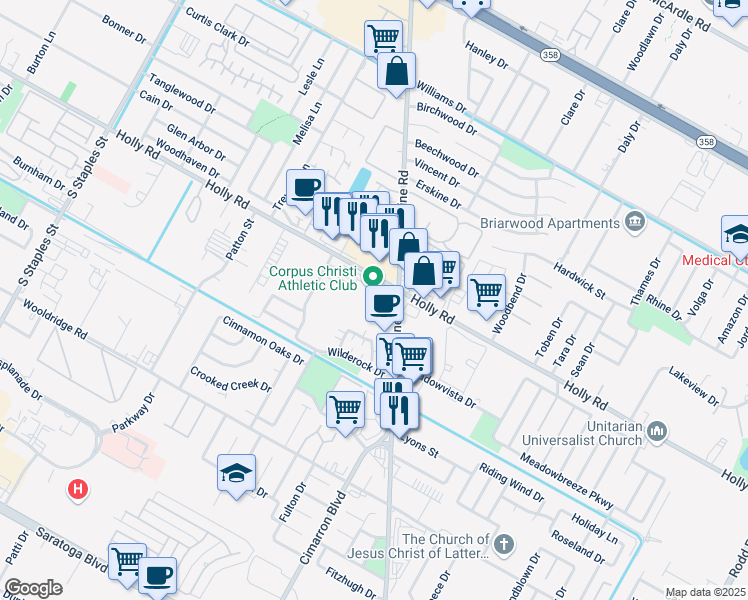 map of restaurants, bars, coffee shops, grocery stores, and more near 2101 Airline Road in Corpus Christi