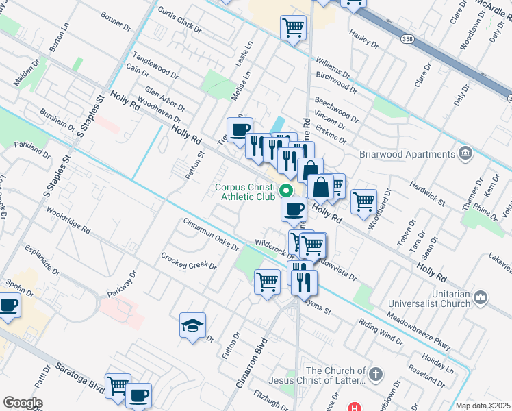map of restaurants, bars, coffee shops, grocery stores, and more near 2202 Nodding Pines Drive in Corpus Christi