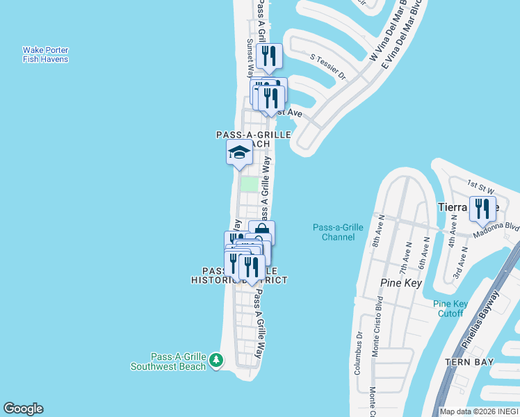 map of restaurants, bars, coffee shops, grocery stores, and more near 1306 Pass a Grille Way in St. Pete Beach