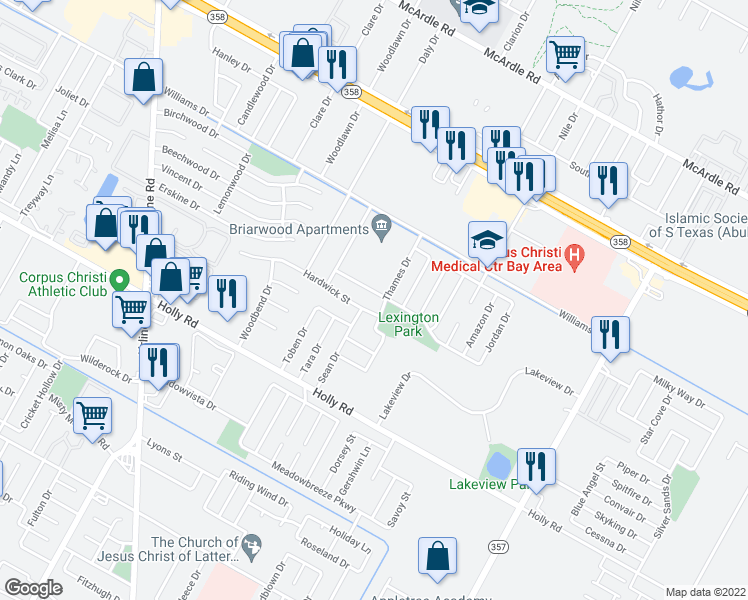 map of restaurants, bars, coffee shops, grocery stores, and more near 1926 Thames Drive in Corpus Christi