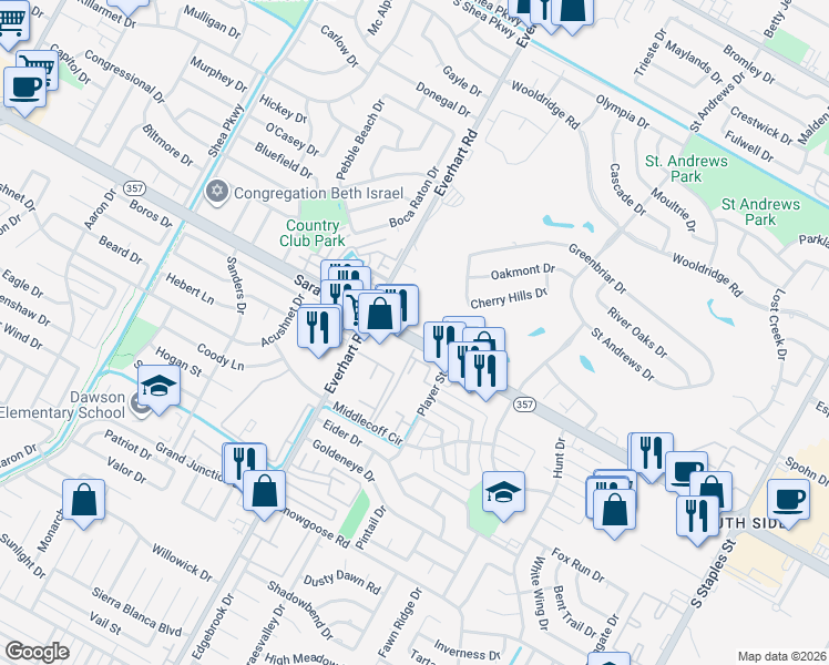 map of restaurants, bars, coffee shops, grocery stores, and more near 4901 Saratoga Boulevard in Corpus Christi