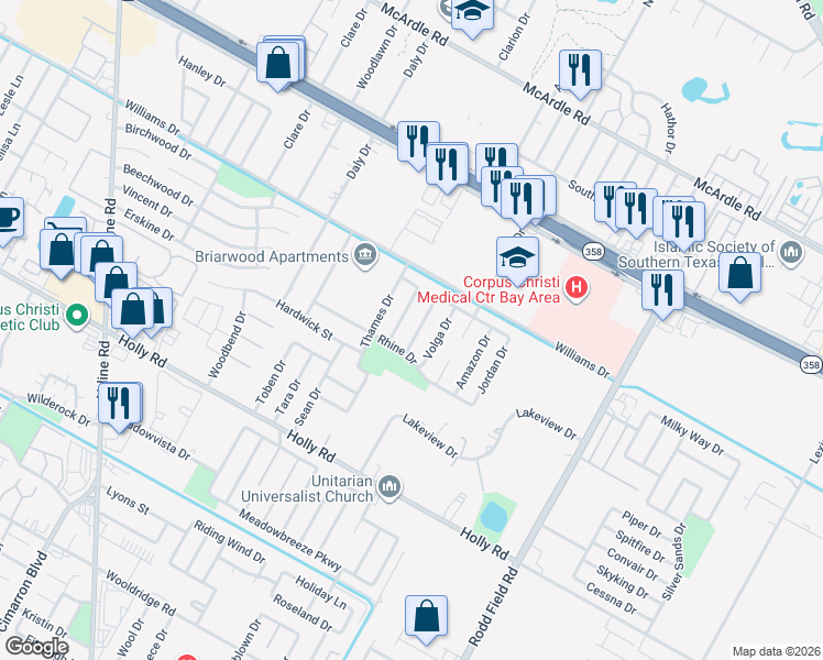 map of restaurants, bars, coffee shops, grocery stores, and more near 1814 Brazos Drive in Corpus Christi