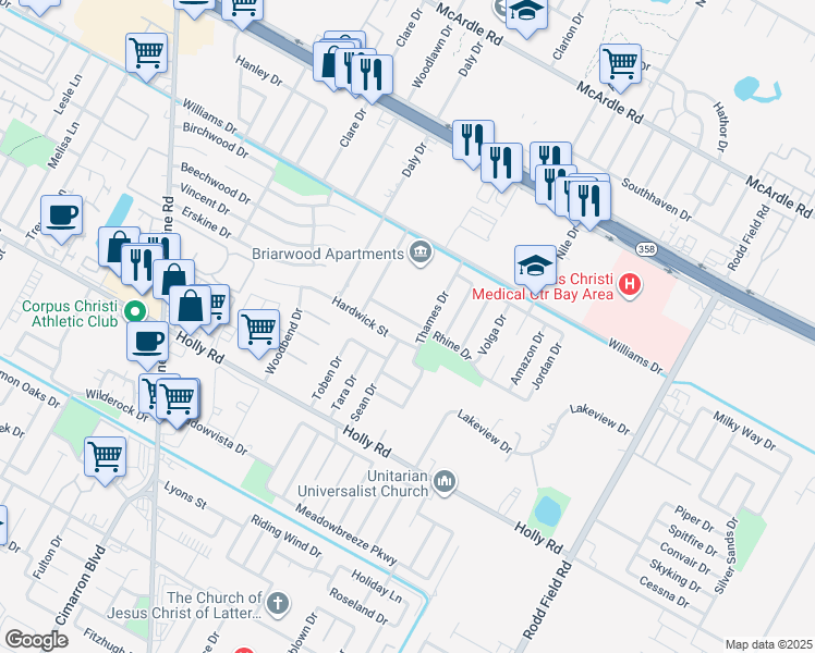 map of restaurants, bars, coffee shops, grocery stores, and more near 6645 Hardwick Street in Corpus Christi