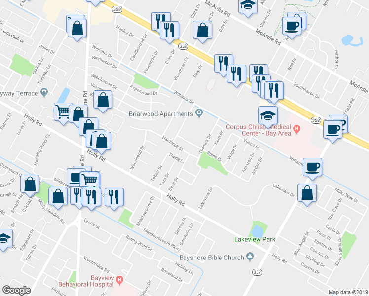 map of restaurants, bars, coffee shops, grocery stores, and more near 6645 Hardwick Street in Corpus Christi