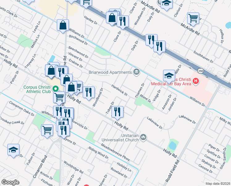 map of restaurants, bars, coffee shops, grocery stores, and more near 1902 Toben Drive in Corpus Christi