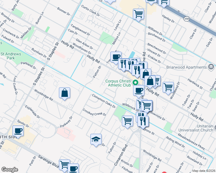 map of restaurants, bars, coffee shops, grocery stores, and more near 5922 Golden Canyon Drive in Corpus Christi