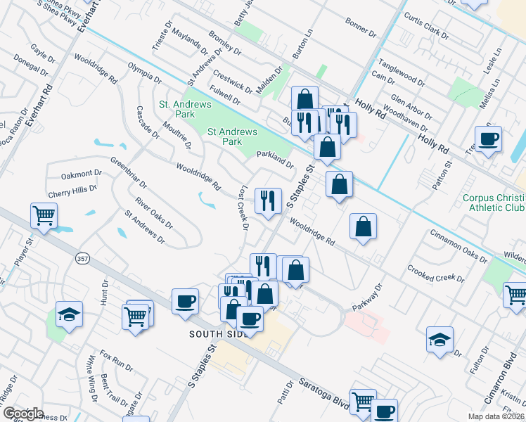 map of restaurants, bars, coffee shops, grocery stores, and more near 5509 Sarazen Drive in Corpus Christi