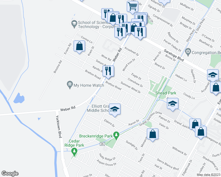 map of restaurants, bars, coffee shops, grocery stores, and more near 6926 South Wind Drive in Corpus Christi