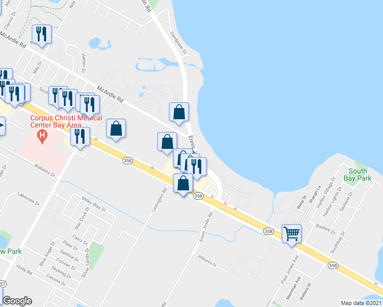 map of restaurants, bars, coffee shops, grocery stores, and more near 1772 Ennis Joslin Road in Corpus Christi