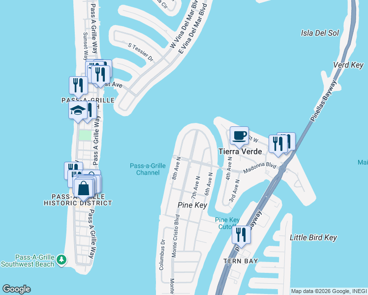 map of restaurants, bars, coffee shops, grocery stores, and more near 289 8th Avenue North in Tierra Verde