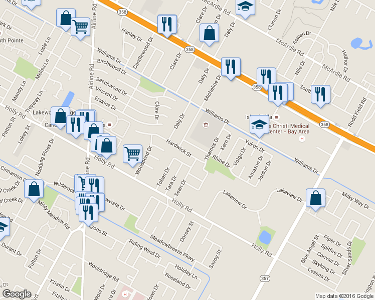 map of restaurants, bars, coffee shops, grocery stores, and more near 6614 Rhine Drive in Corpus Christi