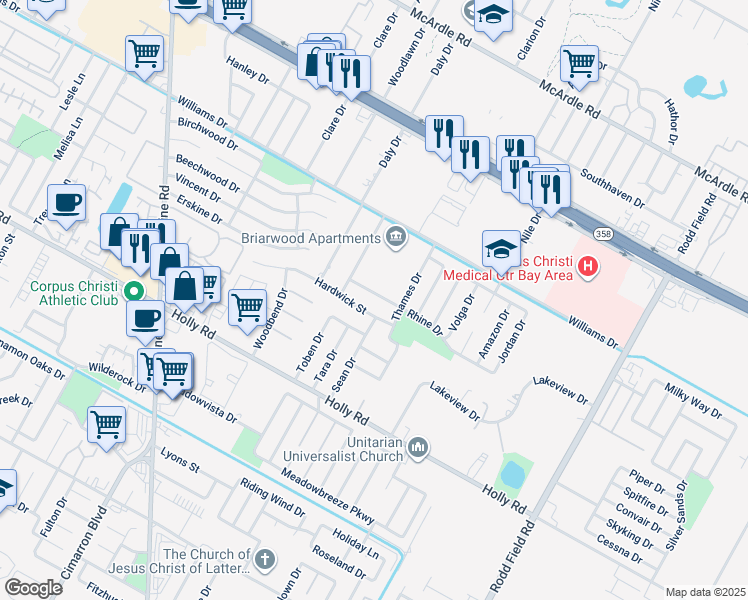 map of restaurants, bars, coffee shops, grocery stores, and more near 6625 Rhine Drive in Corpus Christi