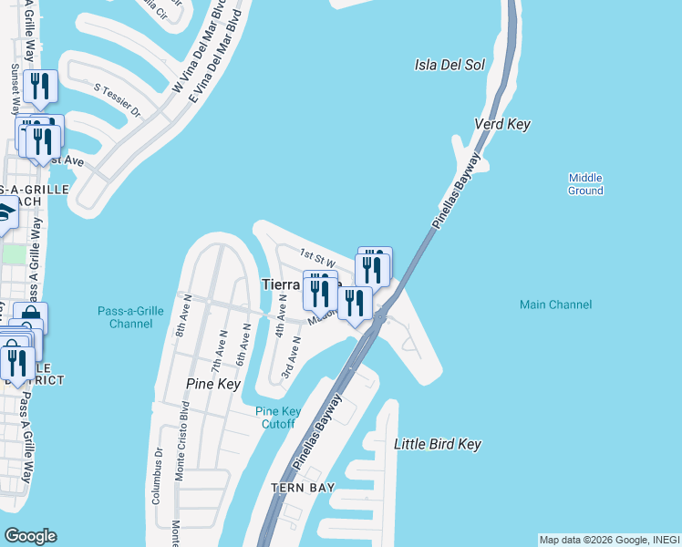map of restaurants, bars, coffee shops, grocery stores, and more near 191 1st Street West in St. Petersburg