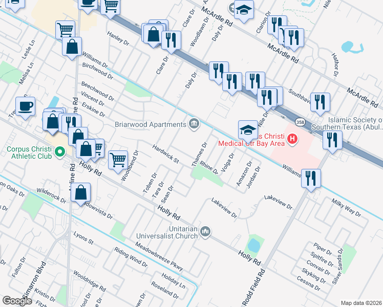 map of restaurants, bars, coffee shops, grocery stores, and more near 1806 Thames Drive in Corpus Christi
