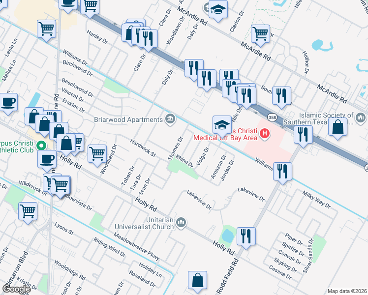 map of restaurants, bars, coffee shops, grocery stores, and more near 1738 Kern Drive in Corpus Christi