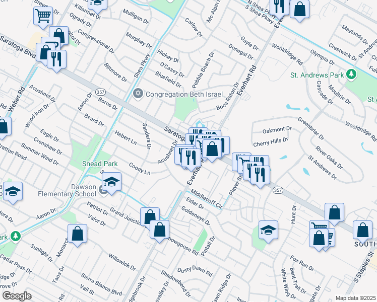 map of restaurants, bars, coffee shops, grocery stores, and more near 4755 Saratoga Boulevard in Corpus Christi