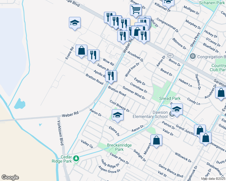 map of restaurants, bars, coffee shops, grocery stores, and more near 6841 Weber Road in Corpus Christi