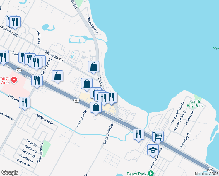 map of restaurants, bars, coffee shops, grocery stores, and more near 1734 Ennis Joslin Road in Corpus Christi
