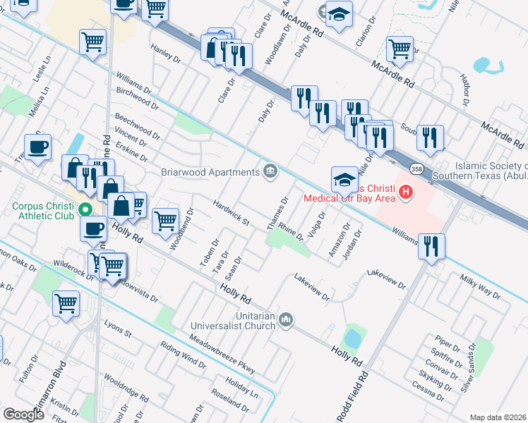 map of restaurants, bars, coffee shops, grocery stores, and more near 1806 Thames Drive in Corpus Christi