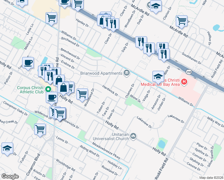 map of restaurants, bars, coffee shops, grocery stores, and more near 1821 Micheline Drive in Corpus Christi