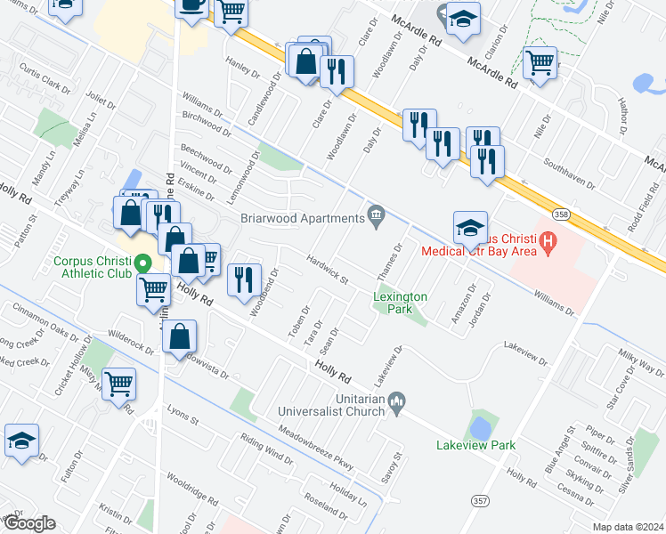 map of restaurants, bars, coffee shops, grocery stores, and more near 6608 Hardwick Street in Corpus Christi
