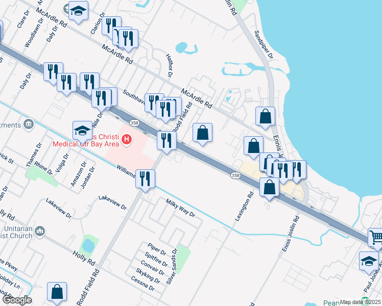 map of restaurants, bars, coffee shops, grocery stores, and more near Highway 358 in Corpus Christi