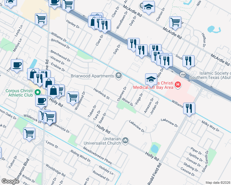 map of restaurants, bars, coffee shops, grocery stores, and more near 1806 Thames Drive in Corpus Christi