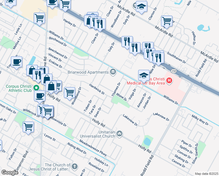 map of restaurants, bars, coffee shops, grocery stores, and more near 6614 Rhine Drive in Corpus Christi