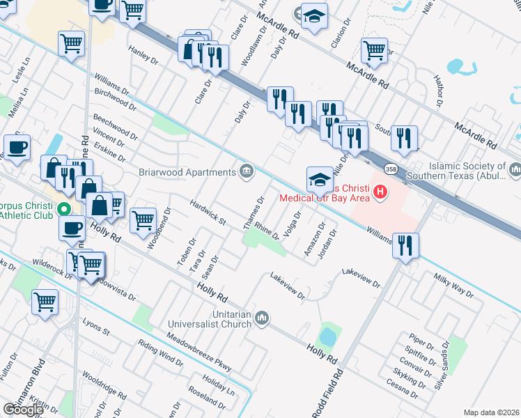 map of restaurants, bars, coffee shops, grocery stores, and more near 1806 Thames Drive in Corpus Christi