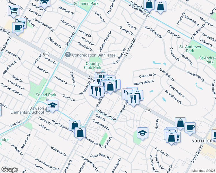map of restaurants, bars, coffee shops, grocery stores, and more near Saratoga Blvd & Everhart Rd in Corpus Christi