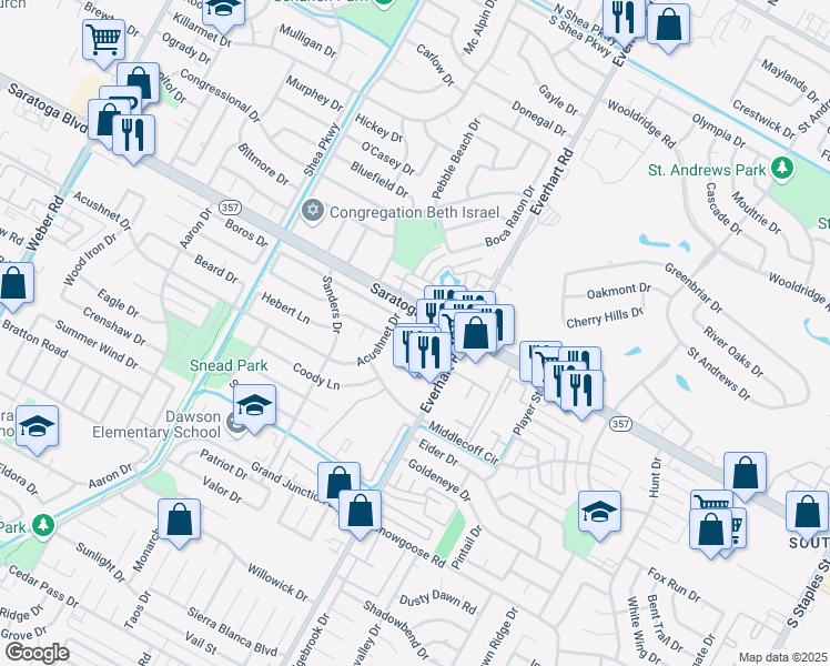 map of restaurants, bars, coffee shops, grocery stores, and more near 4737 Saratoga Boulevard in Corpus Christi