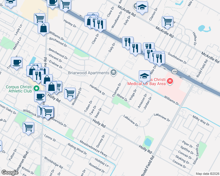 map of restaurants, bars, coffee shops, grocery stores, and more near 6614 Rhine Drive in Corpus Christi