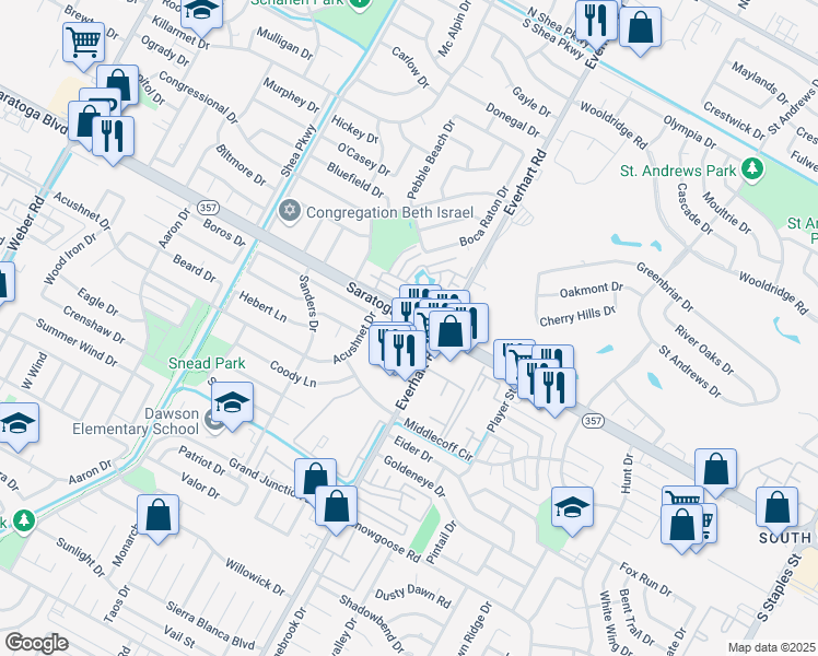 map of restaurants, bars, coffee shops, grocery stores, and more near 4755 Saratoga Boulevard in Corpus Christi