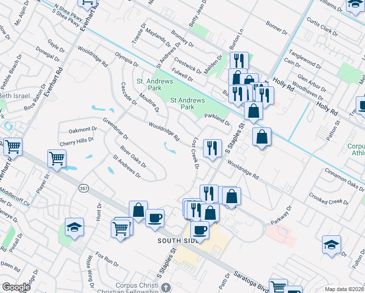 map of restaurants, bars, coffee shops, grocery stores, and more near 5414 Wooldridge Road in Corpus Christi