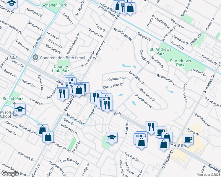 map of restaurants, bars, coffee shops, grocery stores, and more near 4925 Cherry Hills Drive in Corpus Christi