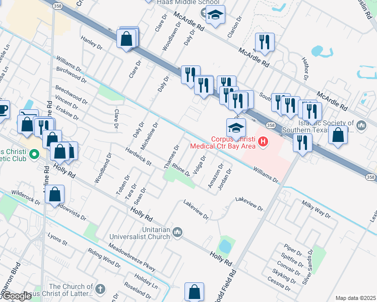 map of restaurants, bars, coffee shops, grocery stores, and more near 1738 Kern Drive in Corpus Christi