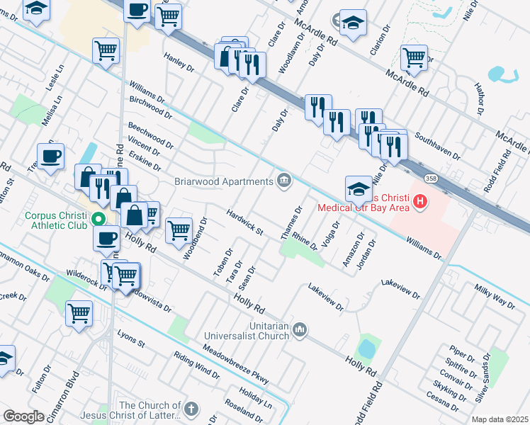 map of restaurants, bars, coffee shops, grocery stores, and more near 6614 Rhine Drive in Corpus Christi