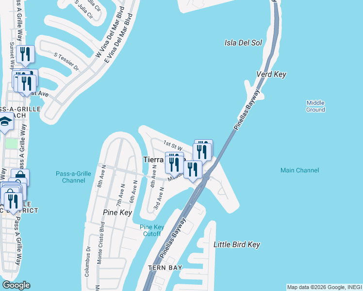 map of restaurants, bars, coffee shops, grocery stores, and more near 191 1st Street West in St. Petersburg
