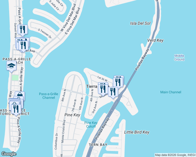 map of restaurants, bars, coffee shops, grocery stores, and more near 316 1st Street West in St. Petersburg