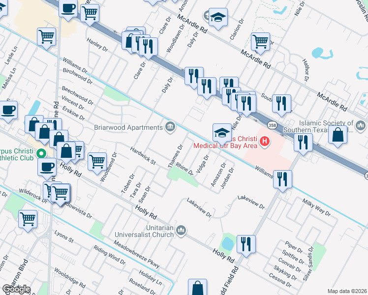 map of restaurants, bars, coffee shops, grocery stores, and more near 1738 Kern Drive in Corpus Christi