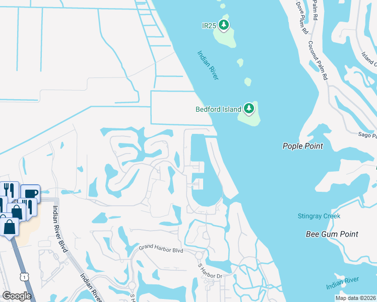 map of restaurants, bars, coffee shops, grocery stores, and more near 5520 North Harbor Village Drive in Vero Beach