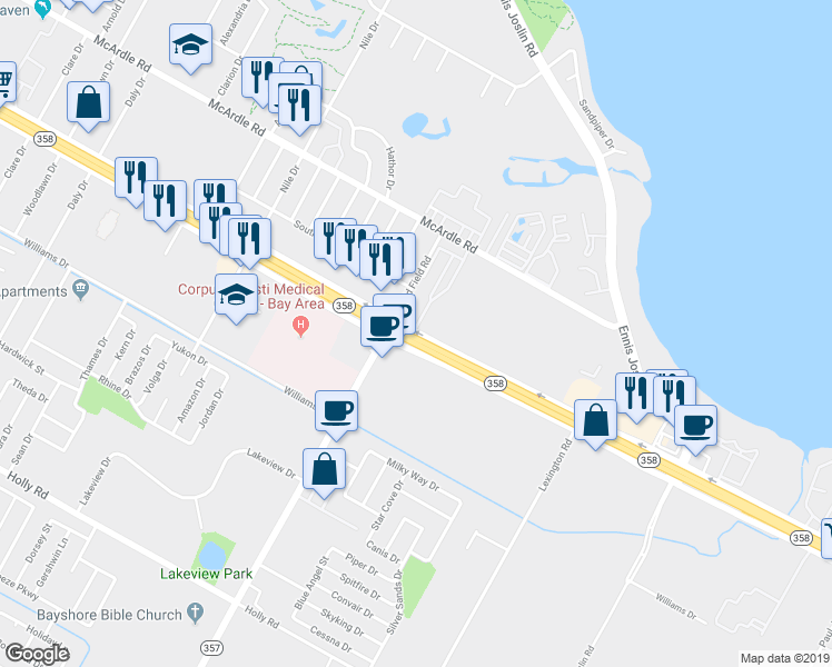 map of restaurants, bars, coffee shops, grocery stores, and more near 7202 South Padre Island Drive in Corpus Christi