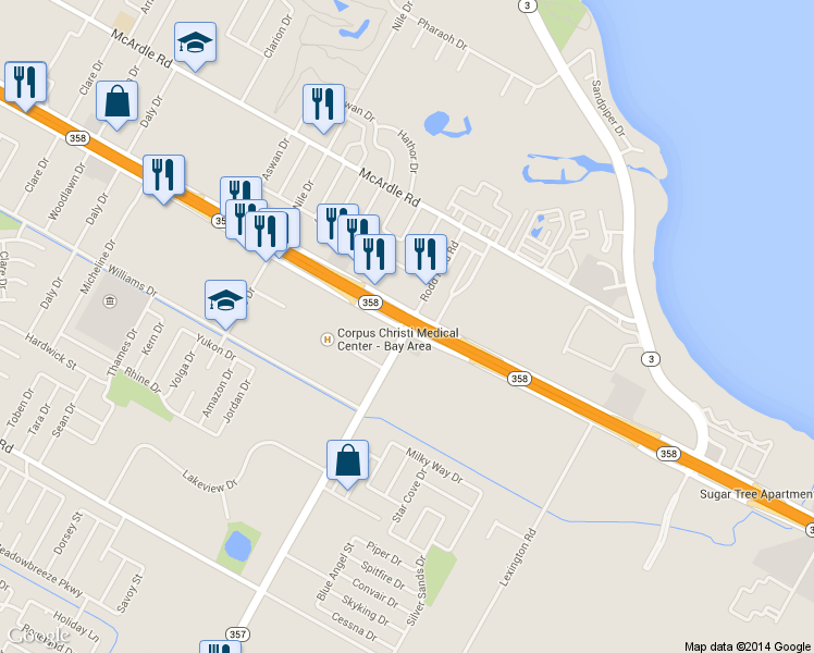 map of restaurants, bars, coffee shops, grocery stores, and more near 7699 South Padre Island Drive in Corpus Christi