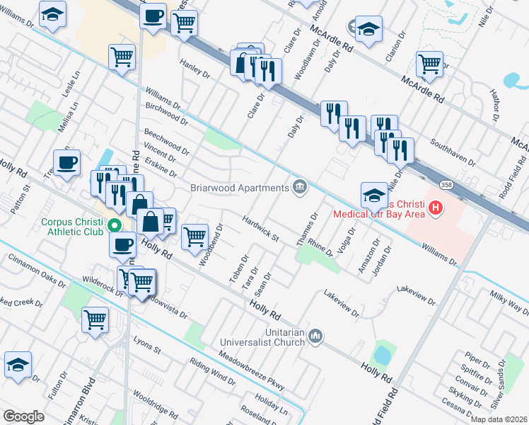 map of restaurants, bars, coffee shops, grocery stores, and more near 1821 Micheline Drive in Corpus Christi