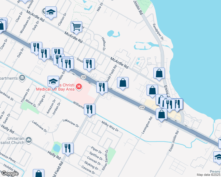 map of restaurants, bars, coffee shops, grocery stores, and more near 7202 South Padre Island Drive in Corpus Christi