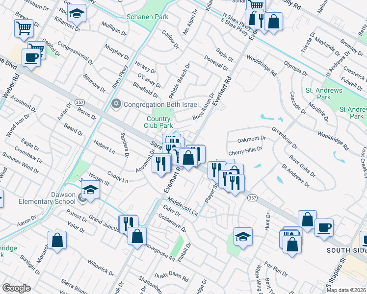 map of restaurants, bars, coffee shops, grocery stores, and more near 6440 Everhart Road in Corpus Christi