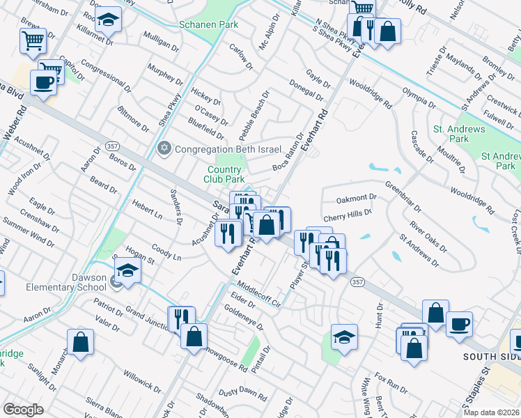 map of restaurants, bars, coffee shops, grocery stores, and more near 6440 Everhart Road in Corpus Christi