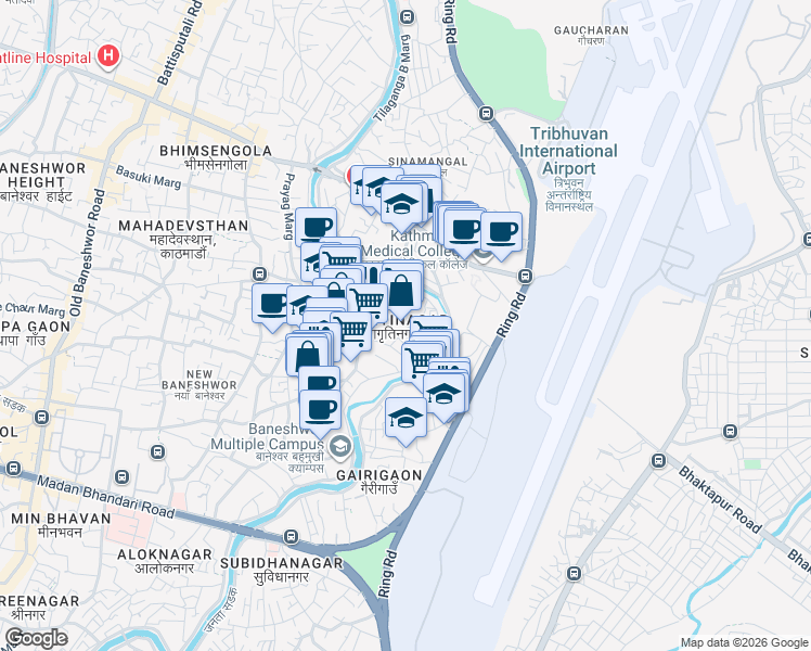 map of restaurants, bars, coffee shops, grocery stores, and more near Jagritinagar Marga in Kathmandu