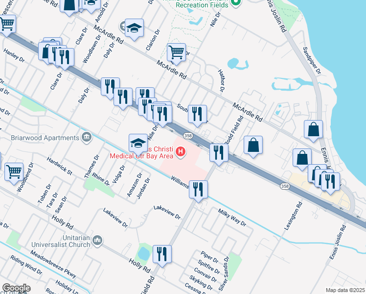map of restaurants, bars, coffee shops, grocery stores, and more near 7121 South Padre Island Drive in Corpus Christi