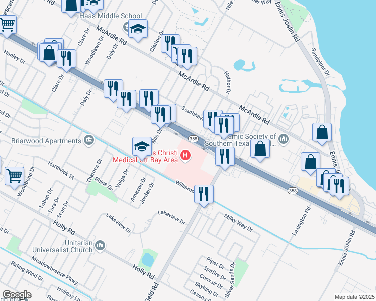 map of restaurants, bars, coffee shops, grocery stores, and more near 7121 South Padre Island Drive in Corpus Christi